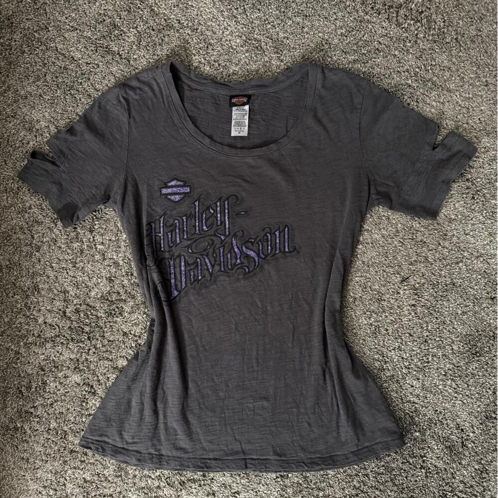 Harley-davidson Women's Grey and Black T-shirt